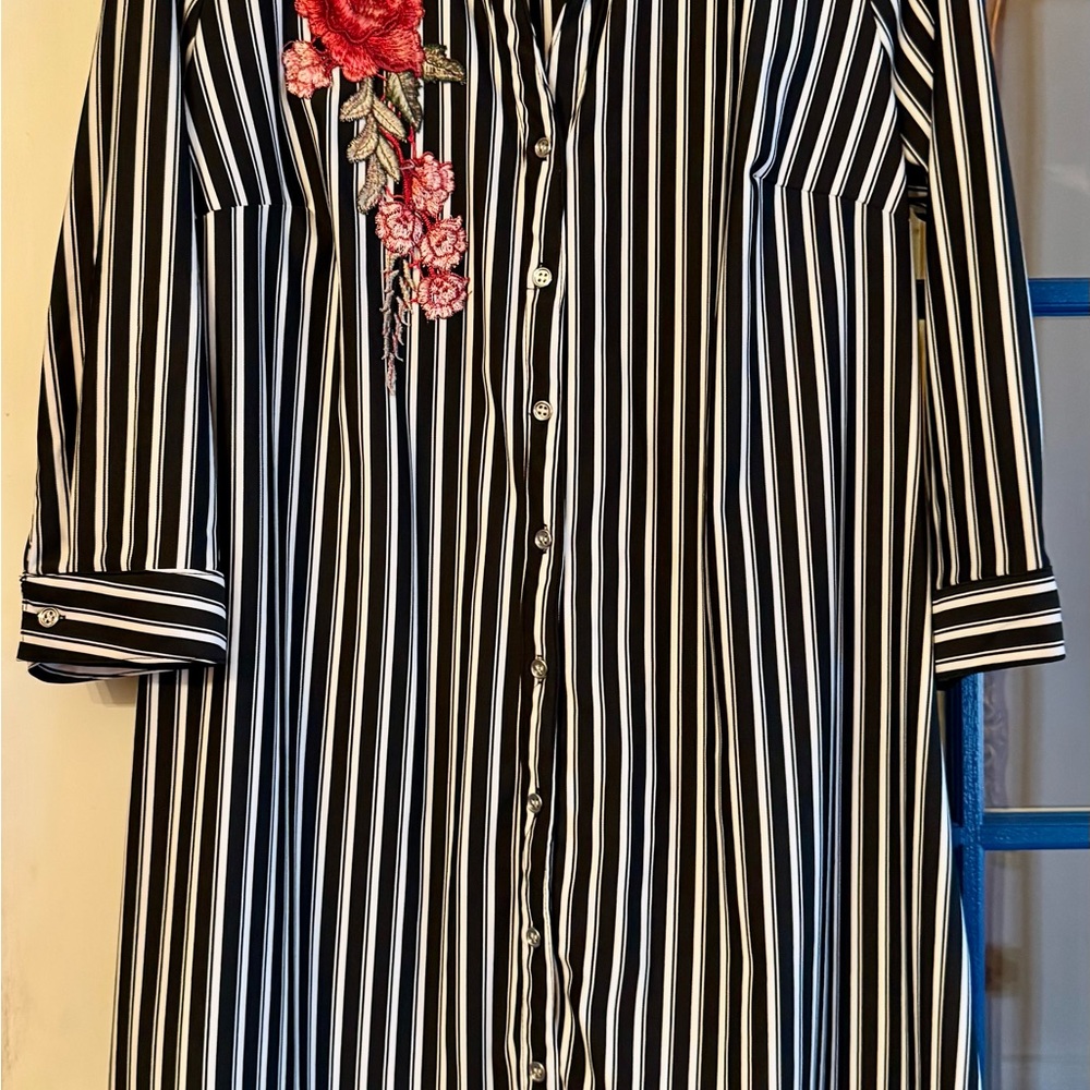 Mlle Gabrielle Black and White Striped Dress with Red Floral Accents